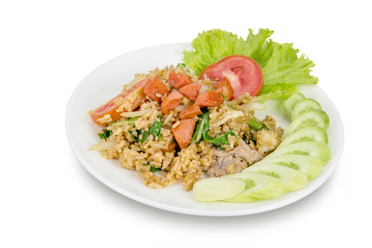 Fried rice with sausage isolated on white background,clipping path