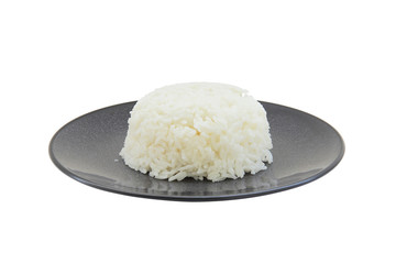 White steamed jasmine rice in black ceramic plates isolate on white background , (with clipping path)