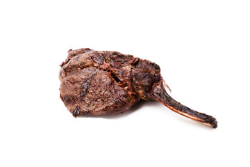 close-up shot of a barbecued meat over white.