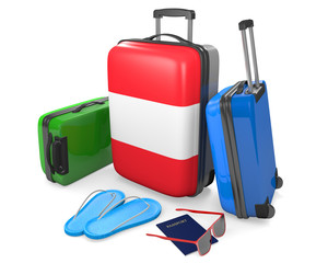 Travel luggage items and accessories for a vacation to or from Austria, 3D rendering