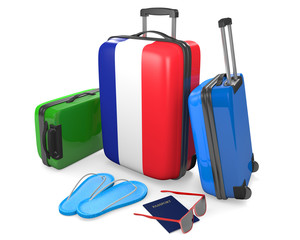 Travel luggage items and accessories for a vacation to or from France, 3D rendering
