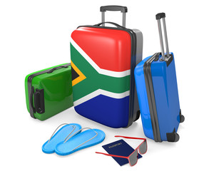 Travel luggage items and accessories for a vacation to or from South Africa, 3D rendering