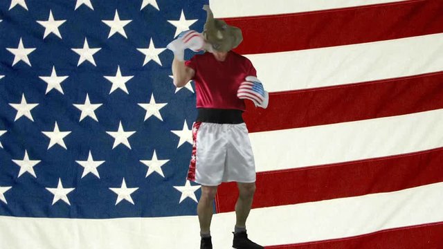 Man in elephant GOP mask punching himself in head and face against against an American Flag.