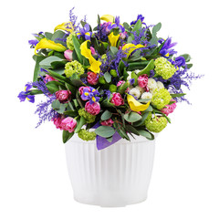 Beautiful bouquet in vase isolated on white background.