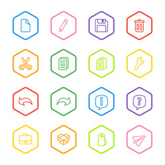 colorful line web icon set with hexagon frame for web design, user interface (UI), infographic and mobile application (apps)