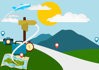 Editable Vector of Landscape with Road and Travel Equipment for Tourism Agent Marketing and Children Book Illustration
