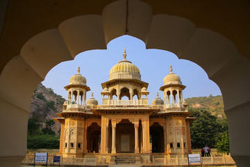 Framed view of Royal cenotaphs in Jaipur, Rajasthan, India