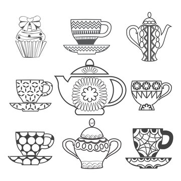 Background of Tea Time ,Tea cups, pots  and  Cupcake