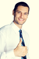businessman showing thumbs up hand sign gesture
