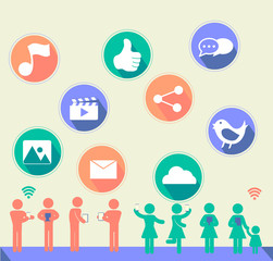 Social network icon with flat design and people with music, thum