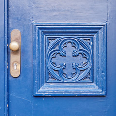 vintage house blue door and handle detail