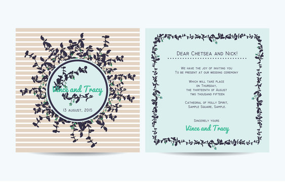 Wedding invitation card with striped background and hand drawn barberry branch