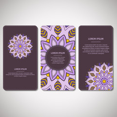 Set of ornamental cards, flyers with flower mandala in violet color tones. Vintage decorative elements. Indian, asian, arabic, islamic, ottoman motif. Vector illustration.