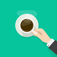 Coffee cup in hand holding hot with steam on plate, business person drinks coffee, break morning time banner concept, elegant flat cartoon design vector illustration isolated on green background