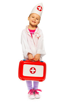 Girl Dressed Like A Doctor With Toy First-aid Kit