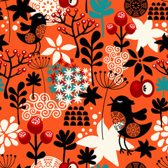 Oranje naadloos patroon met schattige zingende vogels en zomerplanten.