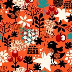  Oranje naadloos patroon met schattige zingende vogels en zomerplanten. © Eka Panova