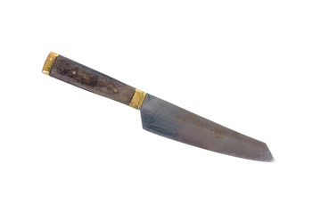 Old knife with brass and bone handle isolated on white backgroun