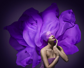 Woman Beauty Face Silk Cloth, Fashion Model Waving Fabric Purple