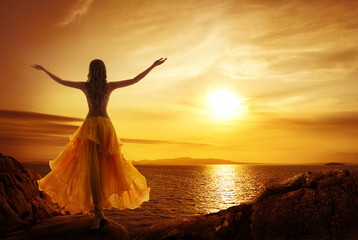 Calm Woman Meditating on Sunset Beach, Relax in Open Arms Pose