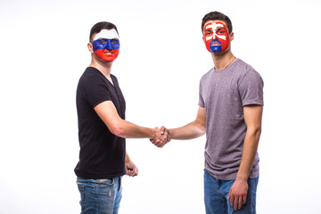 Obraz na płótnie Canvas Russia vs Slovakia handshake equal game on white background. European football fans concept.