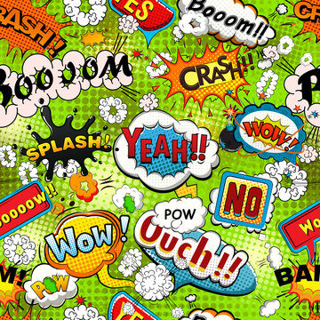Bright comics speech bubbles on a green background
seamless pattern illustration
