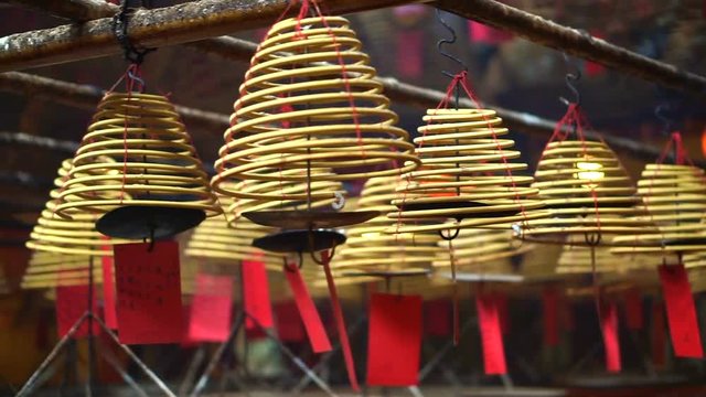 Chinese temple in Hong Kong iconic lanterns and Incense coils 