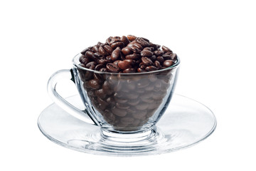 Coffee beans in coffee cup isolated on white