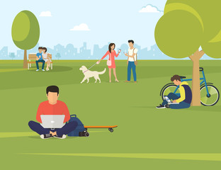 Flat illustration of people using gadgets sitting on the grass in the park. Young guys are using laptop, woman talking her friend and couple sitting on the bench and using smartphone to send messages