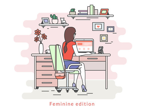 Woman is working with laptop. Flat line contour illustration of student studying process sitting at home. Young woman in the room with rose wall, bookshelfs, work desk, chair, fashion bag