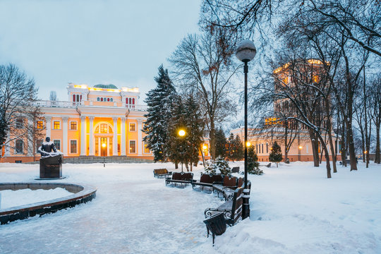 Rumyantsev-Paskevich Palace in snowy city park in Gomel, Belarus
