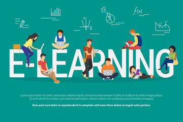 E-learning concept illustration of young various people using laptop, tablet pc and smartphone for distance studying and education. Flat design of guys and young women staying near big letters e