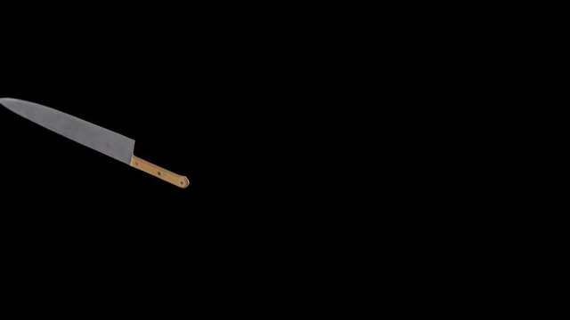 3D animated butcher&rsquo;s knife fly spinning through the scene including luma matte