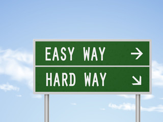 3d illustration road sign with easy and hard way