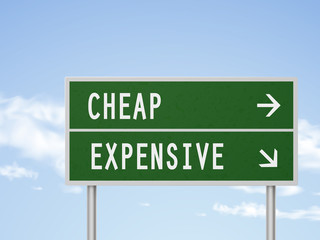Fototapeta premium 3d illustration road sign with cheap and expensive