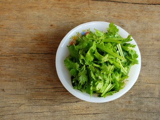 fresh coriander on a wooden table