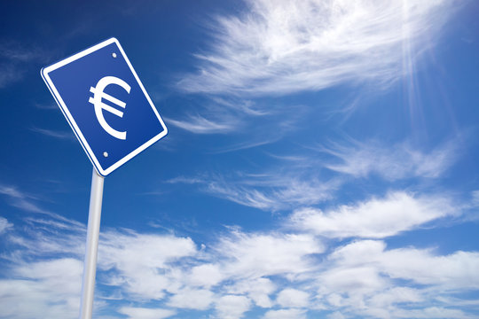 Blue Road Sign with Euro Sign Inside on Blue Sky Background