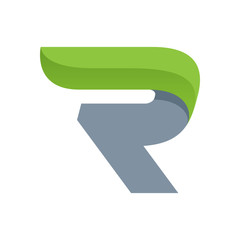 R letter logo with green leaf.