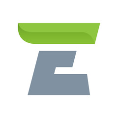 E letter logo with green leaf.