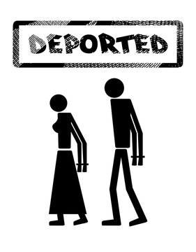 Abstract silhouette icon of man and woman. Man and woman handcuffed. Symbol deportation, deprivation of freedom of movement, exile. The print, stamp "deported"