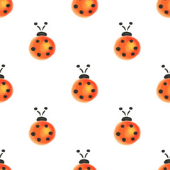 Seamless pattern with insects. Watercolor background with hand drawn ladybugs. Series of Watercolor Seamless Patterns, Backgrounds.