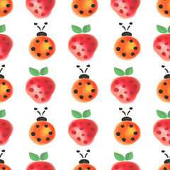 Seamless pattern with insects and fruits. Watercolor background with hand drawn lady bugs and strawberries. Series of Watercolor Seamless Patterns, Backgrounds.
