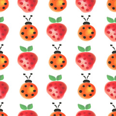 Seamless pattern with insects and fruits. Watercolor background with hand drawn lady bugs and strawberries. Series of Watercolor Seamless Patterns, Backgrounds.