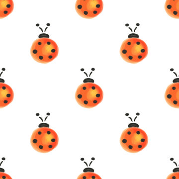 Seamless pattern with insects. Watercolor background with hand drawn ladybugs. Series of Watercolor Seamless Patterns, Backgrounds.