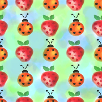 Seamless pattern with insects and fruits. Watercolor background with hand drawn lady bugs and strawberries. Series of Watercolor Seamless Patterns, Backgrounds.