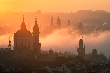 Amazing Prague foggy sunrise, Czech republic