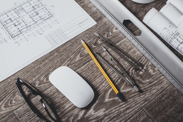 Project drawings and tools, close up
