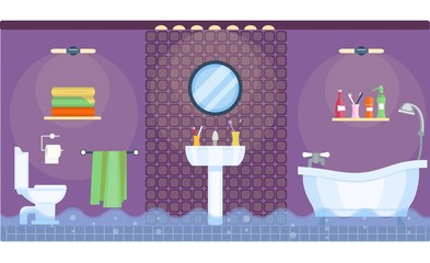 Flooded bathroom interior in flat style.  Home interior. Flooded room. Bathtub and shower, toilet and cabinet, sink and mirror, lamps and towels. Vector illustration. Leakage from the pipe