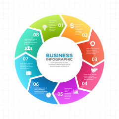 Vector circle arrows infographic, diagram, graph, presentation, chart. Business cycle concept with 8 options, parts, steps, processes. Info graphic data template.
