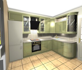 green kitchen in classic style 3D rendering